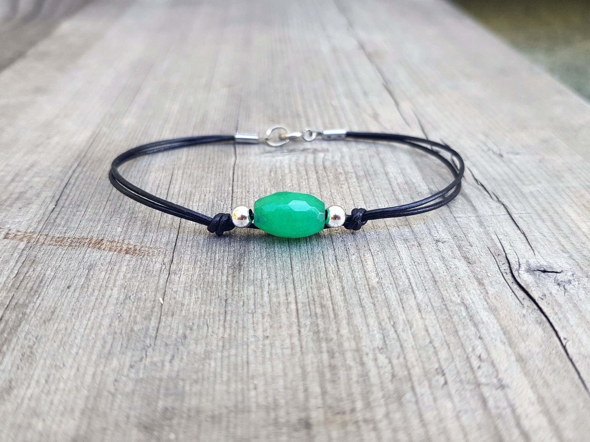 Green jade bracelet for men. Mens leather and stone bracelet. Etsy
