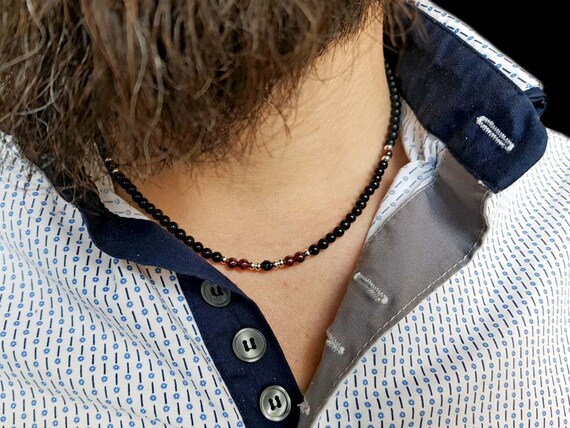 Black onyx stones necklace for men and pure silver nuggets - JoyElly