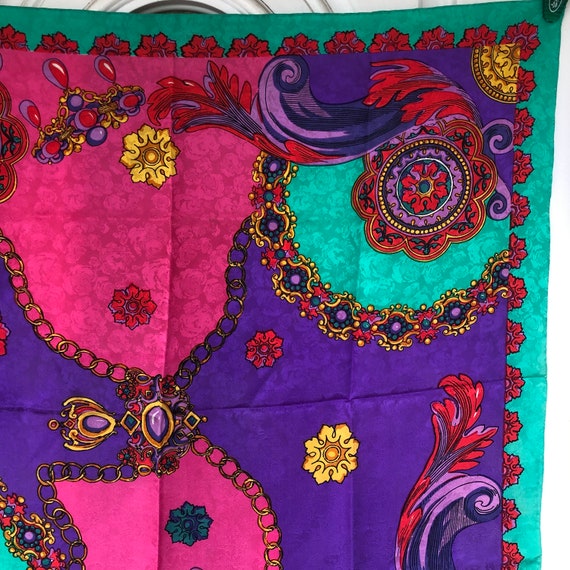 Silk Scarf - Vtg 70s Bold French Twill Baroque Green Purple Fuchsia, Chain Feather Print 32 inch square, lacking full tag View 4