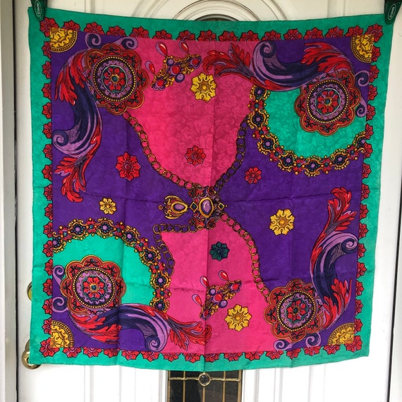 Silk Scarf - Vtg 70s Bold French Twill Baroque Green Purple Fuchsia, Chain Feather Print 32 inch square, lacking full tag View 2