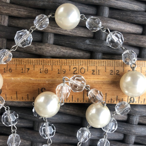 Art Deco 50 inches Czech Clear Faceted Glass, Big Faux Pearl, Flapper Gatsby Ballroom Roaring 20s Wired Strung Lei Necklace , vtg 70's, wow