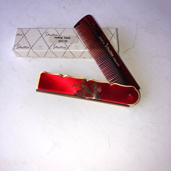 Vtg Art Deco STRATTON Folding Comb Exotic Bird on Red Gold Enamel & its Box