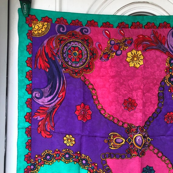 Silk Scarf - Vtg 70s Bold French Twill Baroque Green Purple Fuchsia, Chain Feather Print 32 inch square, lacking full tag View 3