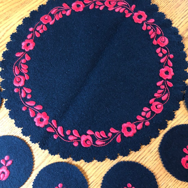 7 pc Coasters Set - For Bottle and 6 Stemware - Black felt Red Floral Folk ART Embroidered Cocktail Doily - Hungarian, unused NOS