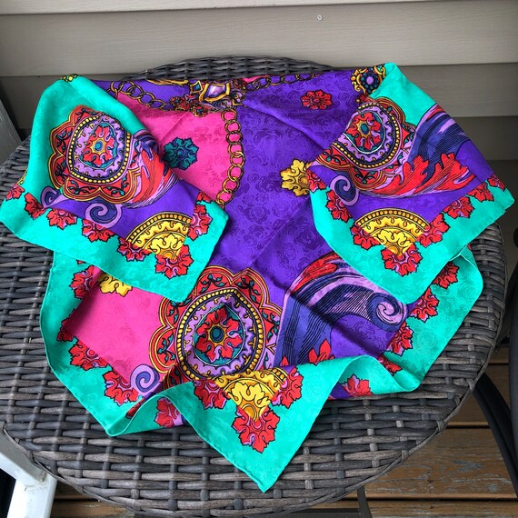 Silk Scarf - Vtg 70s Bold French Twill Baroque Green Purple Fuchsia, Chain Feather Print 32 inch square, lacking full tag