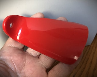 Kids Childs Cherry Red Hard Plastic ShoeHorn with Turned Handle Hanging Hole, 3.25 inches, vintage