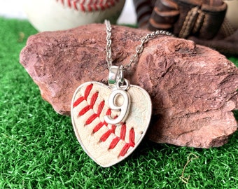 Authentic Baseball Necklace with Seams - Real baseball Jewelry - Silver Finish Heart w/ 24" Chain  - Mom Gift