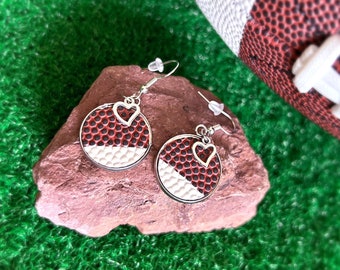 Authentic Football Cover Earrings - Silver Finish - Nickel Free Hooks - 20mm Rounds - Heart Charms