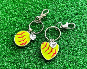 I Love You Softball Keychain / Real Softball Cover - Softball Gift - Silver Finish Heart or Round - Valentine Gift