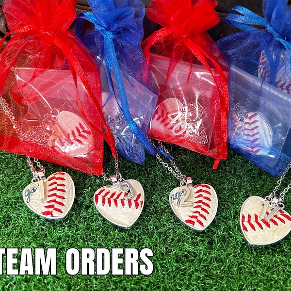 TEAM ORDERS - Select Quality - Authentic Baseball Necklaces w/ Seams - Silver Finish Heart w/ 24" Chain - Baseball Fan - Mom Gift
