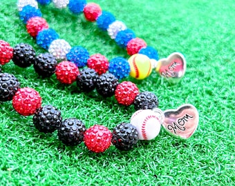 Baseball / Softball MOM Bracelet - 10mm Sparkle Disco Ball Beads - Baseball Softball Drip - Stretch Cord - Customize Team Colors - Mom Heart