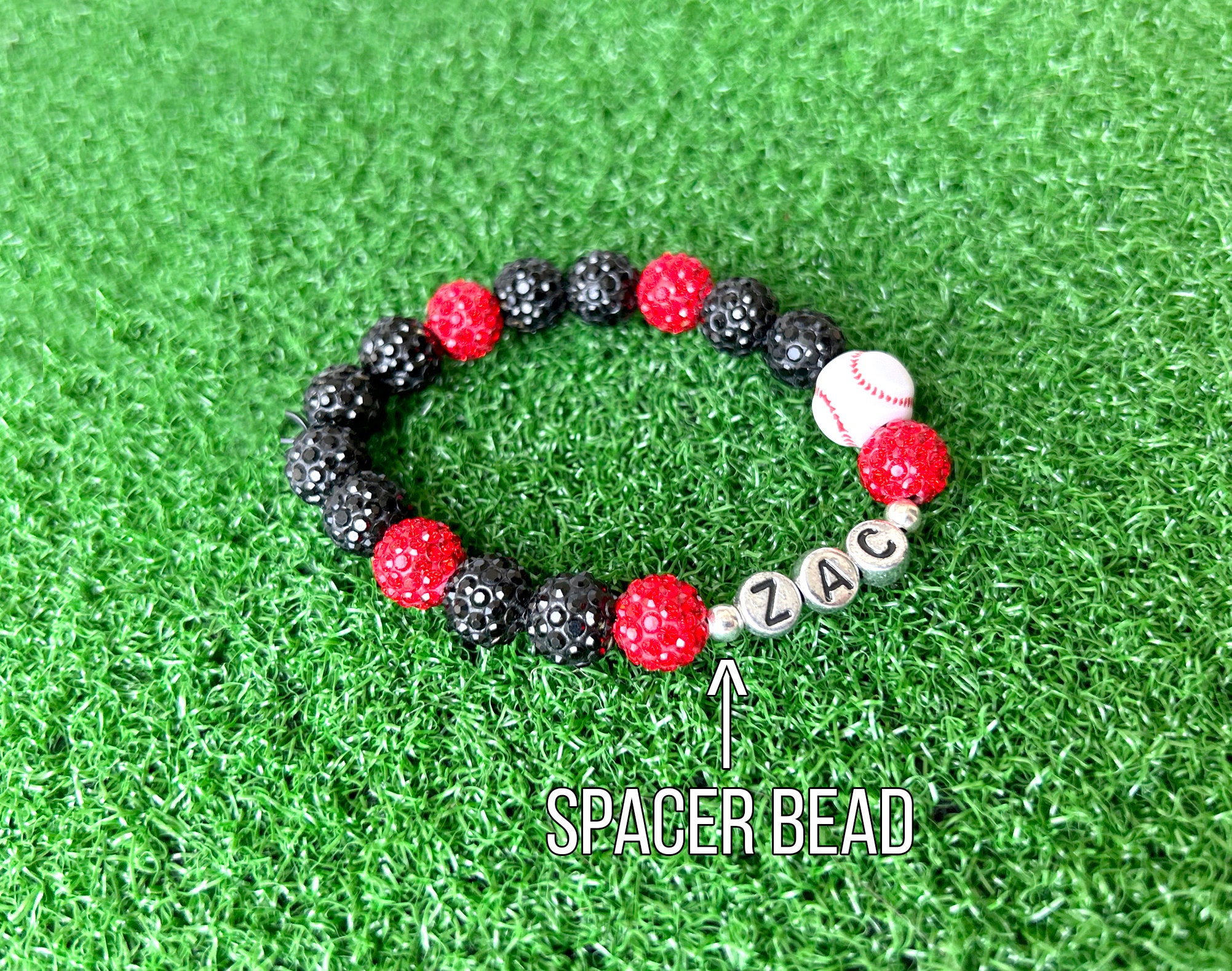PERSONALIZED Bracelet - Baseball/Softball Sparkle Beads - 10mm Disco Balls - Baseball Drip - Stretch Cord - Customize Team Colors add Name
