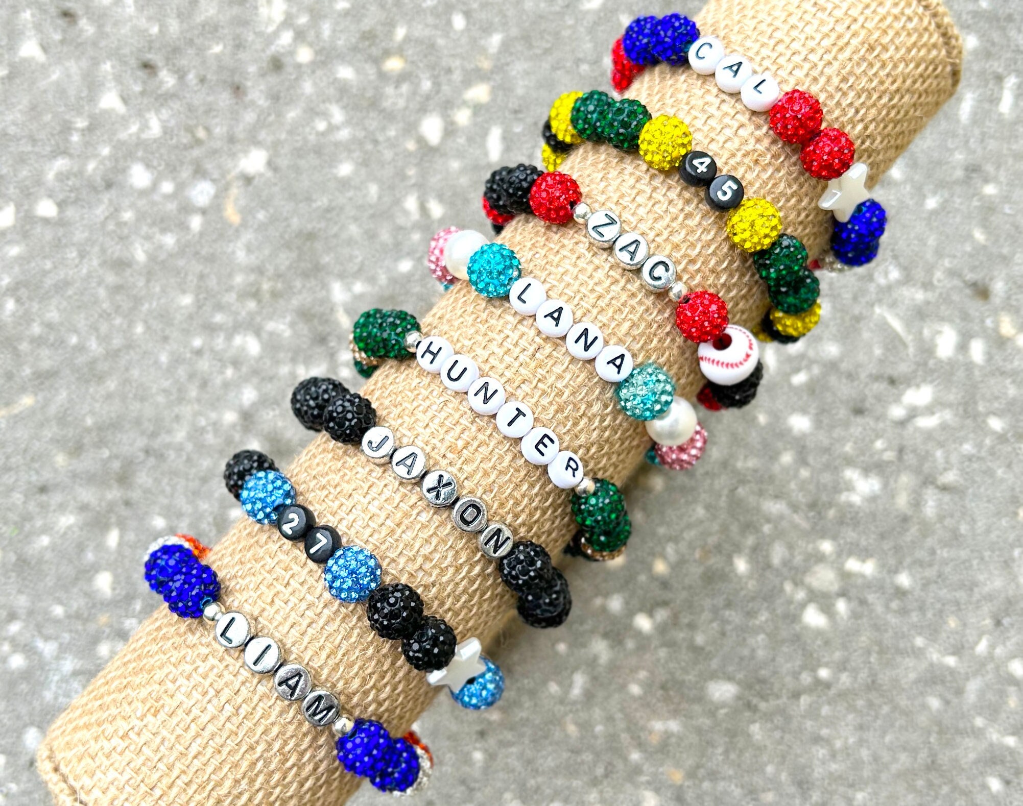 PERSONALIZED Bracelet - Baseball/Softball Sparkle Beads - 10mm Disco Balls - Baseball Drip - Stretch Cord - Customize Team Colors add Name