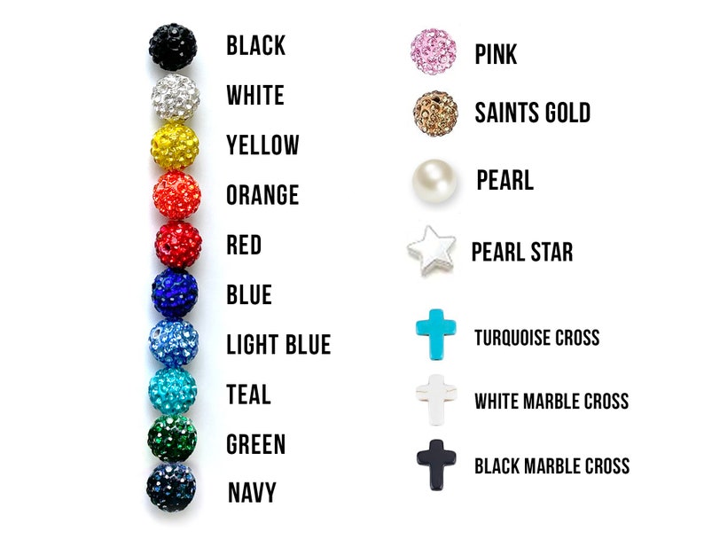 May include: A chart displaying various bead and charm colours. The colours include black, white, yellow, orange, red, blue, light blue, teal, green, and navy. The charms include a pink bead, a gold bead, a pearl, a pearl star, a turquoise cross, a white marble cross, and a black marble cross.