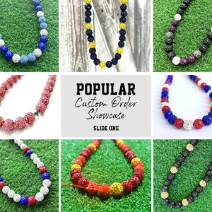 May include: A collage of nine images showcasing popular custom order necklaces. Each necklace is made of small, round beads with different colour combinations. The text "POPULAR Custom Order Showcase SLIDE ONE" is displayed in the centre of the collage.
