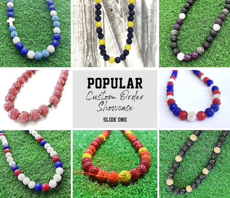 May include: A collage of nine images showcasing popular custom order necklaces. Each necklace is made of small, round beads with different colour combinations. The text "POPULAR Custom Order Showcase SLIDE ONE" is displayed in the centre of the collage.