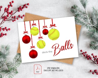 PDF DOWNLOAD - Softball Christmas Card - Holiday Card - Deck the Balls - Print DIY