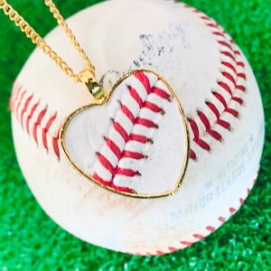 Authentic Baseball Necklace w/ Seams / Laces - Real baseball Jewelry - Gold Finish Heart w/ 24&quot; Chain - Baseball Fan - Team Mom
