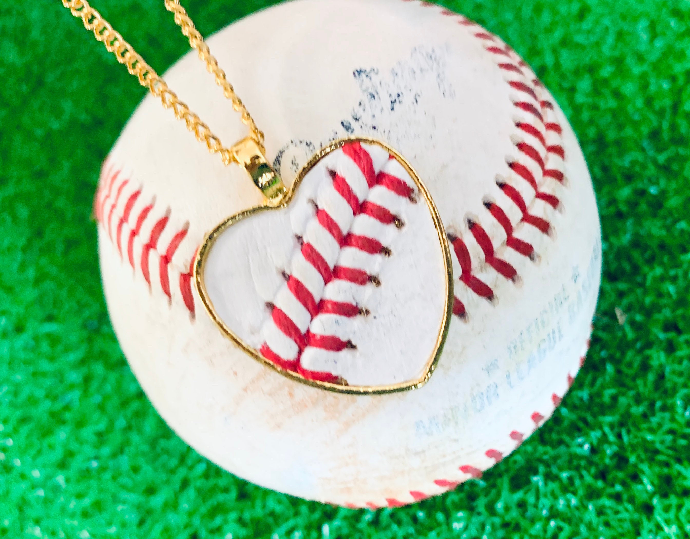 Authentic Baseball Necklace W Seams Laces Real Baseball Jewelry Gold Finish Heart W 24 Chain Baseball Fan Team Mom Etsy Canada