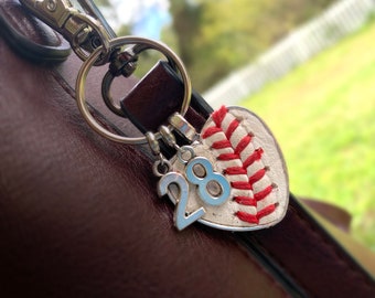 Authentic Baseball Cover Keyhain - Antique Silver Finish - Add Number or Letter - Real Baseball Stitches, Laces - Gift