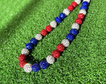 Red White Blue Sports Fan Necklace - Sparkle Ball - Rhinestone Disco Balls - Football - Baseball