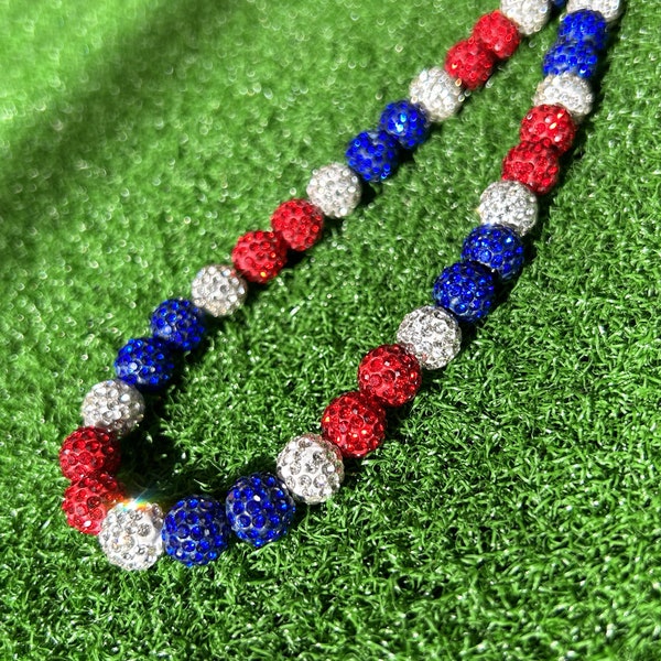 Red White Blue Sports Fan Necklace - Sparkle Ball - Rhinestone Disco Balls - Football - Baseball