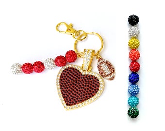 Gold BLING Keychain! Authentic Football Fan Gift w/ Real Ball - Team Color Beads - Rhinestone Football Charm - Color Options - Bag Clip