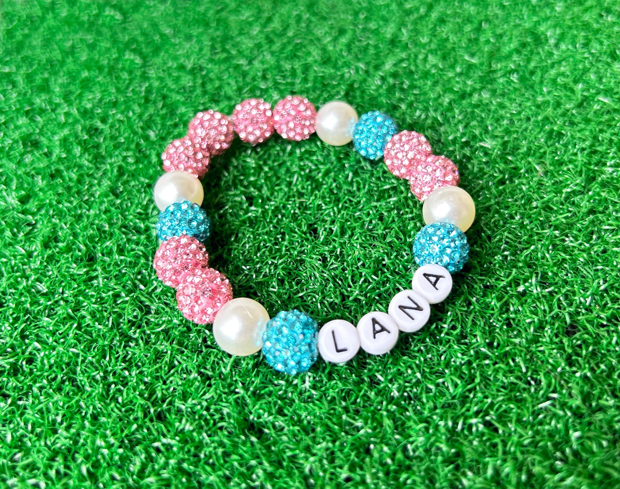 PERSONALIZED Bracelet - Baseball/Softball Sparkle Beads - 10mm Disco Balls - Baseball Drip - Stretch Cord - Customize Team Colors add Name