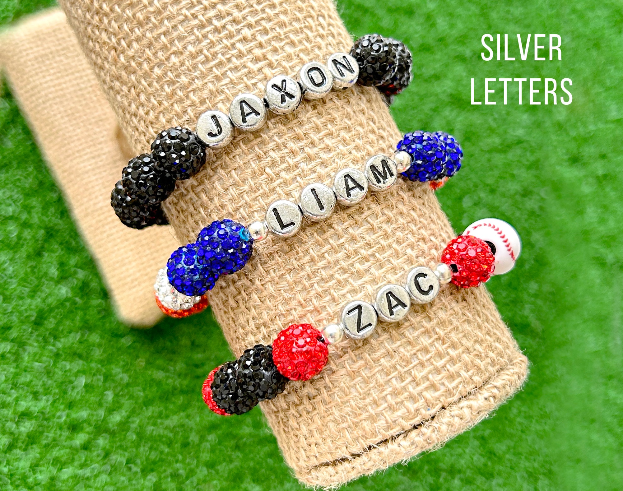 PERSONALIZED Bracelet - Baseball/Softball Sparkle Beads - 10mm Disco Balls - Baseball Drip - Stretch Cord - Customize Team Colors add Name
