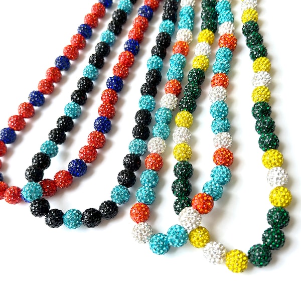 CUSTOM Baseball Sparkle Beaded Necklace - 10mm Disco Balls - Baseball Player Drip - Stretch Cord - Select Your Team Colors