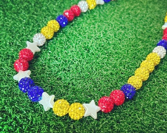 Red Yellow Blue White Baseball Player Necklace with Pearl Stars - Sparkle - Rhinestone Disco Balls - Venezuela Baseball Drip - Acuna Jr