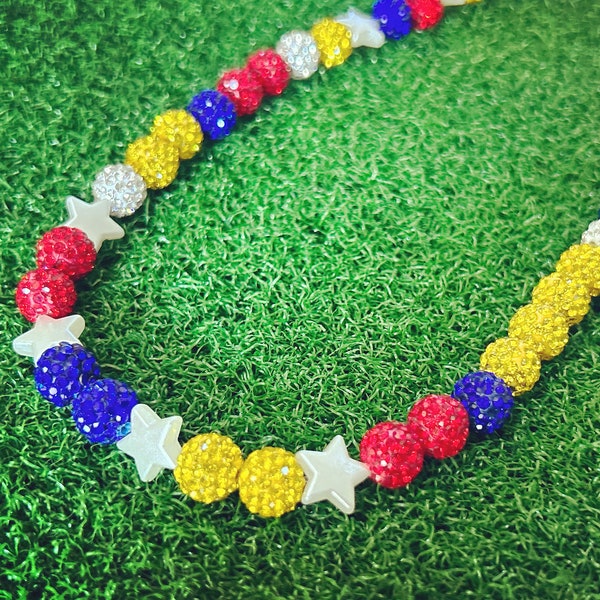Red Yellow Blue White Baseball Player Necklace with Pearl Stars - Sparkle - Rhinestone Disco Balls - Venezuela Baseball Drip - Acuna Jr