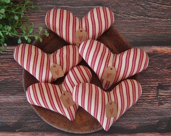 Primitive Heart Bowl Fillers ~ Red Ticking Fabric Hearts ~ Americana Farmhouse Pillows Ornies Tucks