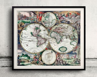 May include: An antique world map print in a black frame. The map is divided into four sections, each showing a different part of the world. The map is surrounded by a decorative border with images of people and animals. The text "TABULA NOVA ORBIS" is visible at the bottom of the map.