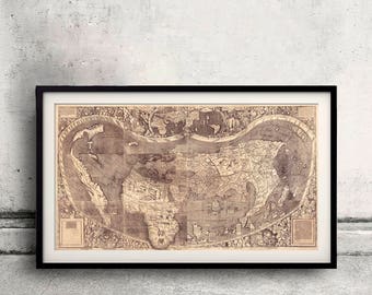 May include: A vintage, black framed print of a detailed world map. The map is in a brown and cream colour scheme and shows the continents in a unique, stylized way. The map is surrounded by a decorative border.