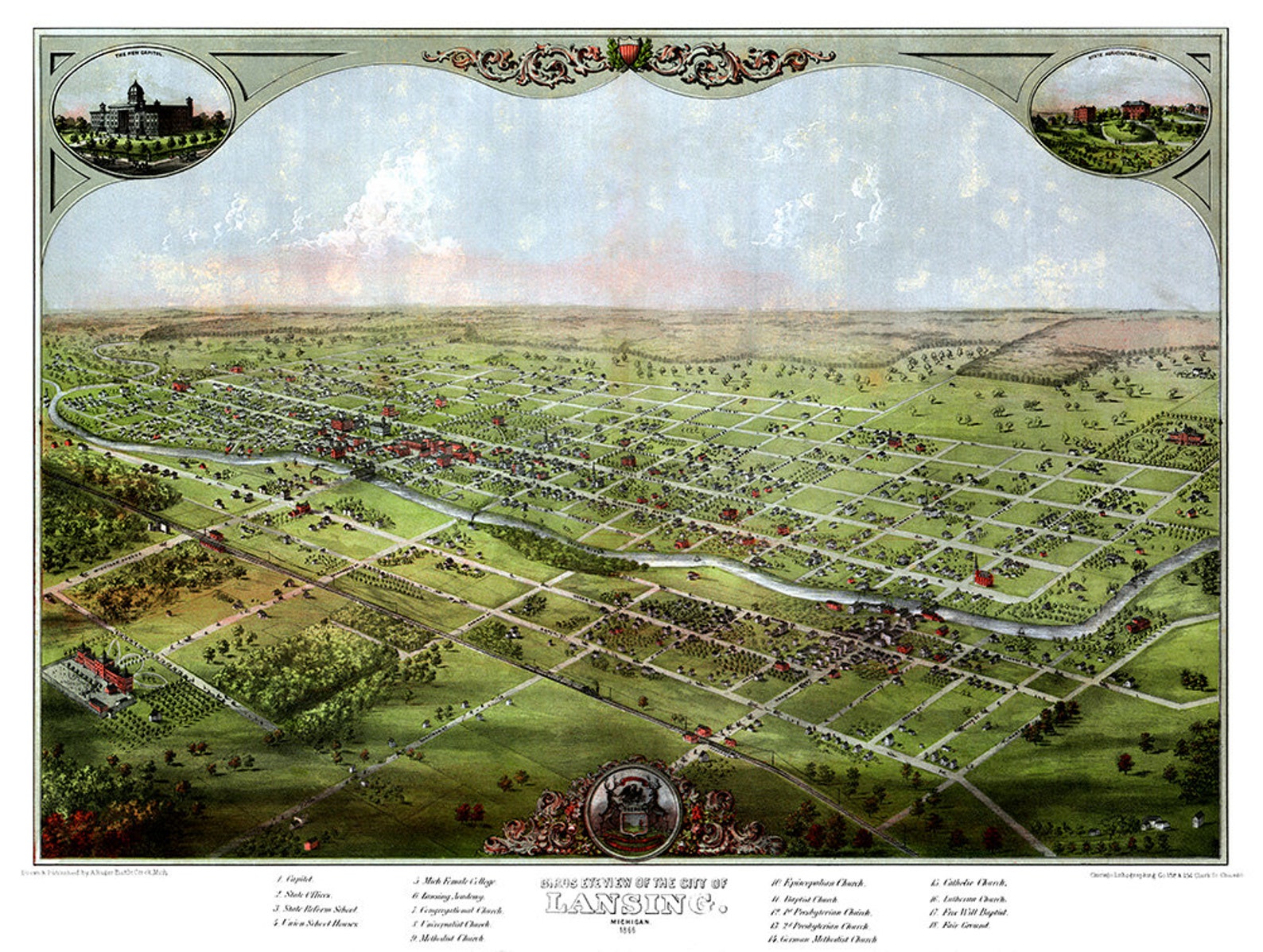 Birds Eye View of the City of Lansing Michigan 1866 SKU Etsy