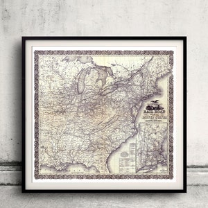 Puede incluir: Un mapa vintage de los Estados Unidos que muestra las líneas de ferrocarril. El mapa está enmarcado en negro y tiene un borde decorativo. El título del mapa es "Rail Road Map of the United States, December 1855."