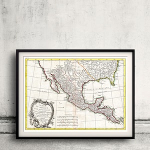 Puede incluir: Un mapa antiguo de México y Nueva España, impreso en francés, con un borde amarillo y líneas rojas y negras que muestran las fronteras de las provincias. El mapa está titulado "Carte du Mexique ou de la Nouvelle Espagne" e incluye una barra de escala etiquetada como "Echelle".
