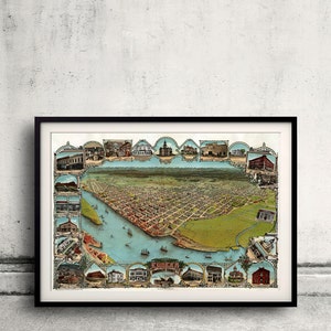 May include: An antique, illustrated map of Eureka, California, showing a bird's-eye view of the city and surrounding area. The map is surrounded by smaller images of buildings and landmarks, including a courthouse, a theatre, and a hotel.