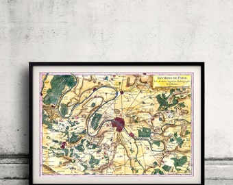 May include: An antique map of the area surrounding Paris, France. The map is printed on paper and framed in black. The map is titled "Environs de Paris" and is dated 1780. The map shows the city of Paris in the centre, surrounded by the River Seine and the surrounding countryside.