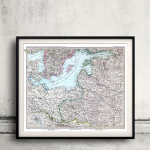 Carte de l’Europe de l’Est, Pologne, Lituanie, Estonie, Lettonie, Suède, Danemark - 1891 - SKU 0239