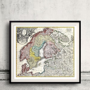 Carte de la Scandinavie, de la Norvège, de la Suède, du Danemark, de la Finlande et des pays baltes par Homann - 1730 - SKU 0208
