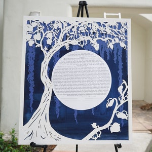 Vineyard Tree of Life Deep Blues Version - Ketubah cortado en papel de triple capa