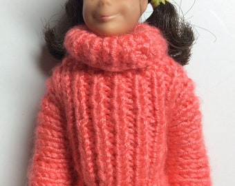 Coral Hand Knit Sweater for Vintage Skipper, Francie or Barbie Dolls