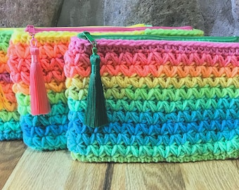 Hand Crocheted Zippered Clutch Purse - Make Up Bag - Cosmetic Bag - or Pencil Case