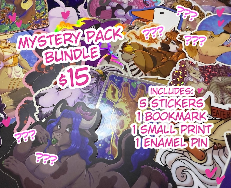 May include: A mystery pack bundle featuring various stickers, a bookmark, a small print, and an enamel pin. The bundle includes a variety of colorful, illustrated stickers with fantasy themes. The text "MYSTERY PACK BUNDLE" and "$15" are visible.