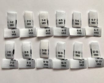 Child WHITE Children's Kids Woven Size Tabs Pips Labels 1-2 2-3 3-4 4-5 5-6 6-7 7-8 8-9 9-10 10-11 11-12 12-13