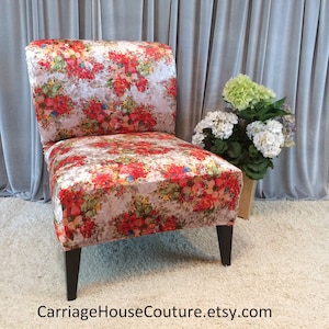 Slipcover Coral Floral Velvet Stretch Chair Cover for Armless Chair, Slipper Chair, Accent Chair, Parsons Chair,