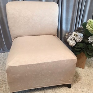 Champagne Cream Luxury Embossed Slipcover Chair Cover for Armless Chair, Slipper Chair, Armless Accent Chair, Parsons Chair, Side Chair
