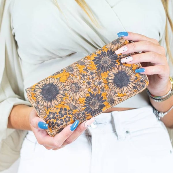 Yellow Sunflower Patterned Natural Cork Purse / Vegan Wallet / Vegan Purse